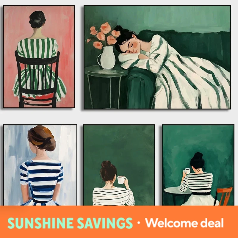 Resin Art Aesthetic - Green Stripe Woman Sleeping Drink Coffee